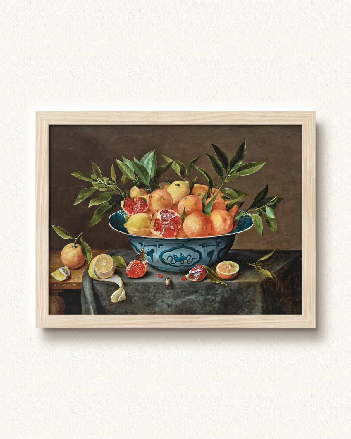 Pomegranates, Oranges, and Lemons in a Porcelain Bowl — 16 x 12, Modern - Natural frame