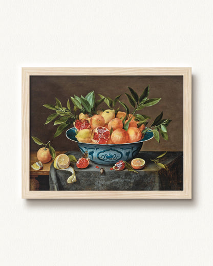 Pomegranates, Oranges, and Lemons in a Porcelain Bowl — 16 x 12, Modern - Natural frame