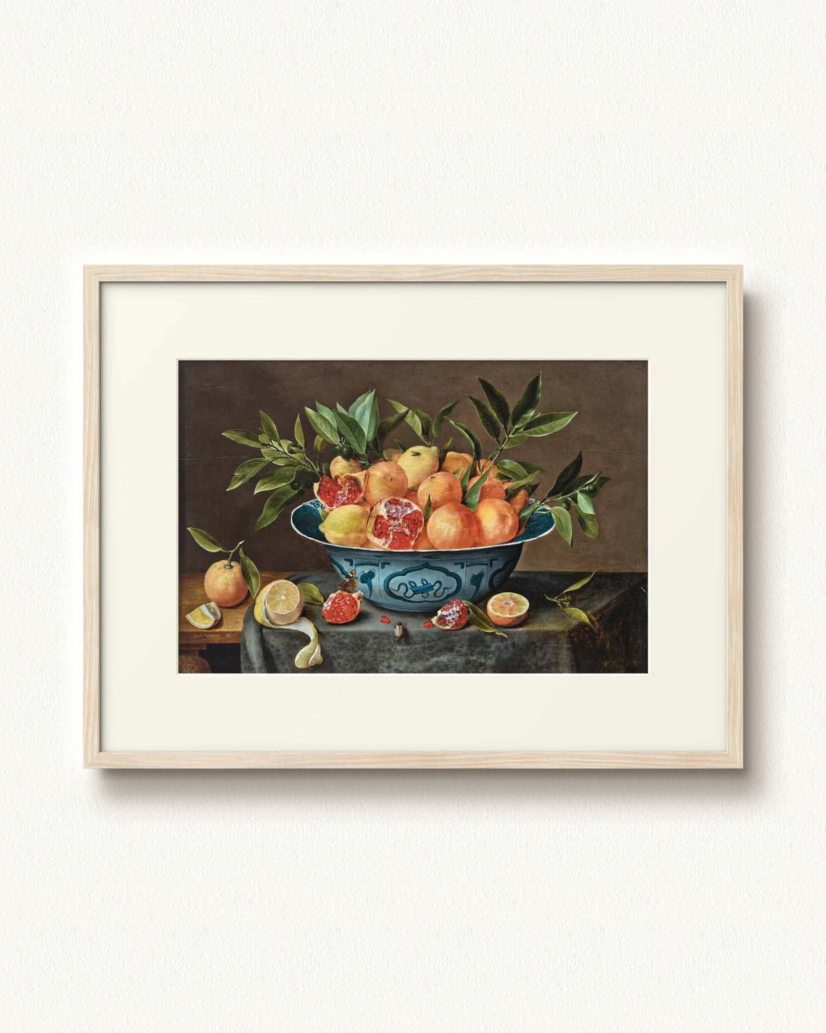 Pomegranates, Oranges, and Lemons in a Porcelain Bowl — 32 x 24, Modern - Natural frame, with off-white mat