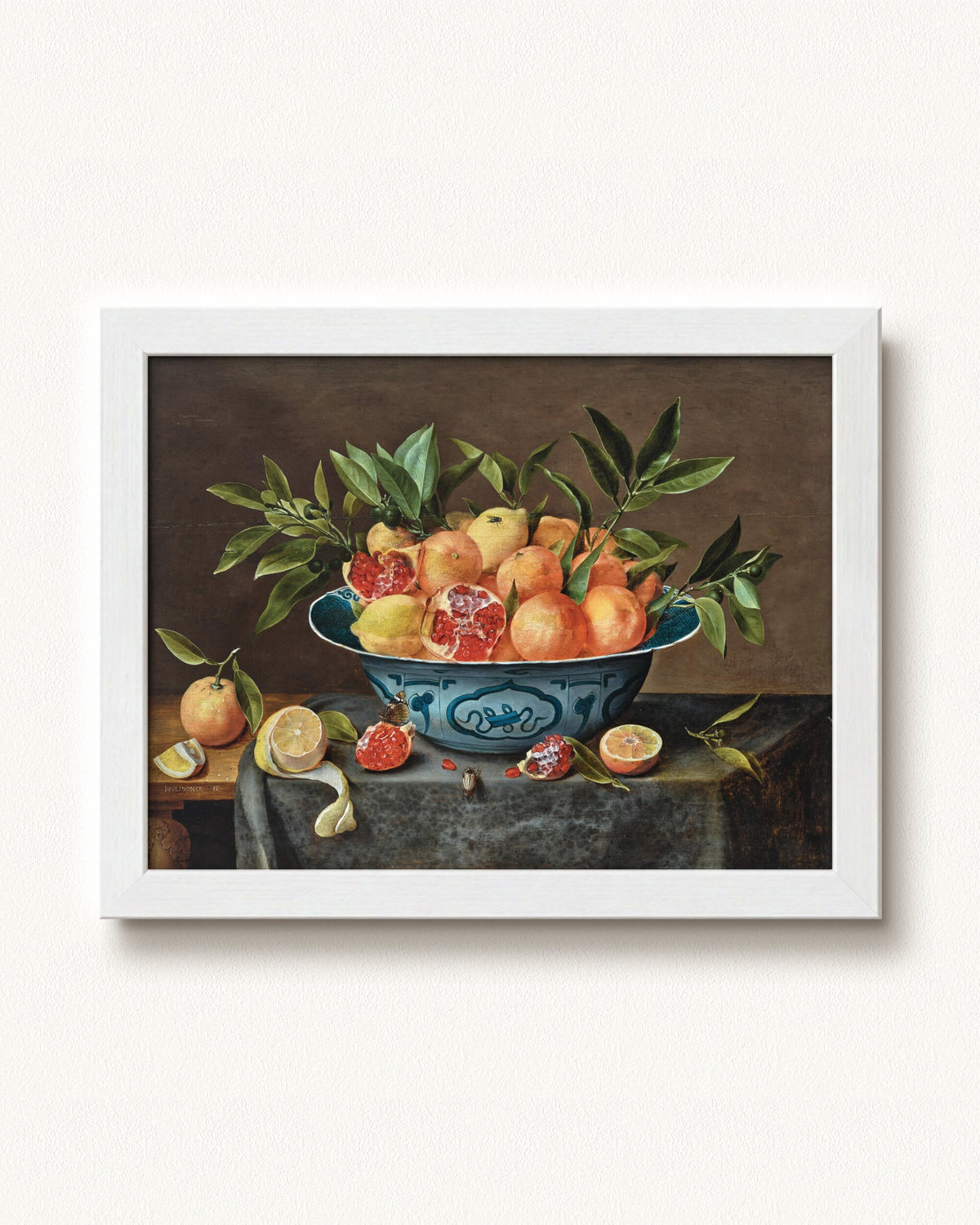 Pomegranates, Oranges, and Lemons in a Porcelain Bowl — 12 x 9, Modern - White frame
