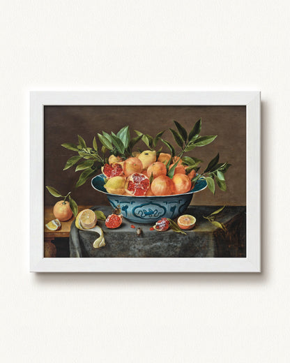 Pomegranates, Oranges, and Lemons in a Porcelain Bowl — 12 x 9, Modern - White frame