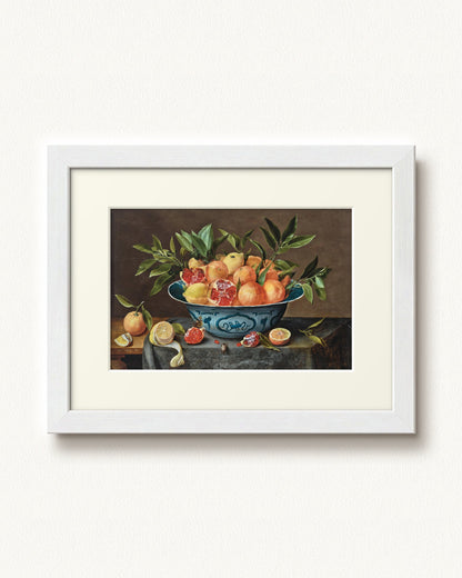 Pomegranates, Oranges, and Lemons in a Porcelain Bowl — 12 x 9, Modern - White frame, with off-white mat