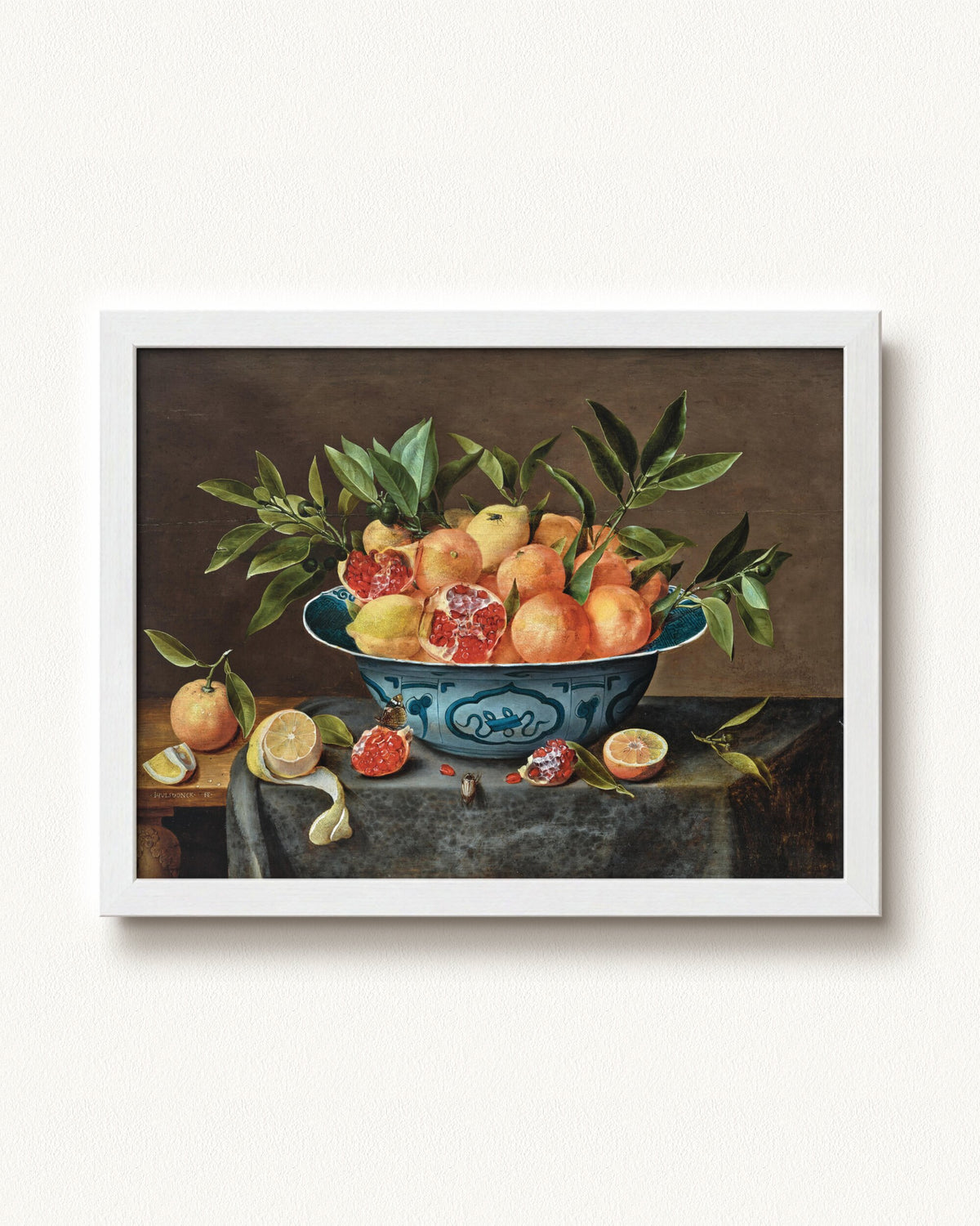 Pomegranates, Oranges, and Lemons in a Porcelain Bowl — 16 x 12, Modern - White frame