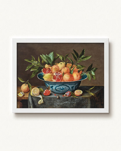 Pomegranates, Oranges, and Lemons in a Porcelain Bowl — 16 x 12, Modern - White frame