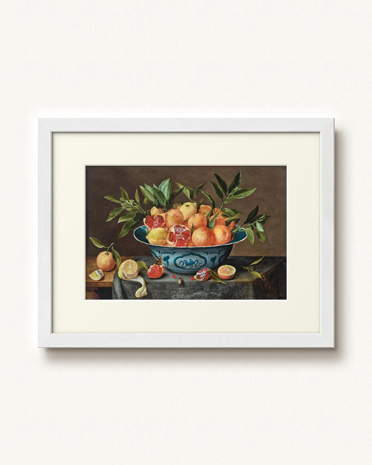 Pomegranates, Oranges, and Lemons in a Porcelain Bowl — 16 x 12, Modern - White frame, with off-white mat