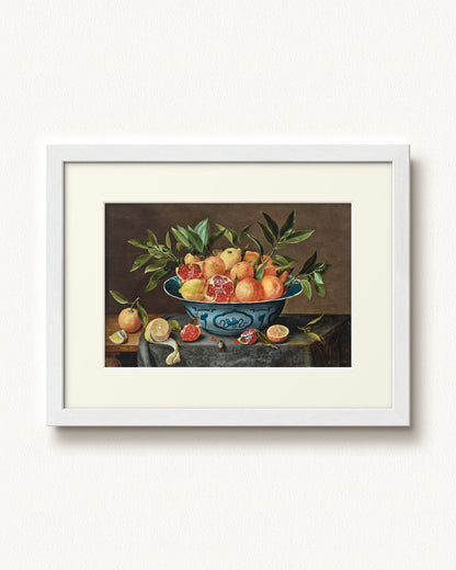 Pomegranates, Oranges, and Lemons in a Porcelain Bowl — 16 x 12, Modern - White frame, with off-white mat