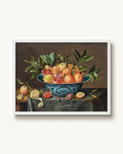 Pomegranates, Oranges, and Lemons in a Porcelain Bowl — 24 x 18, Modern - White frame