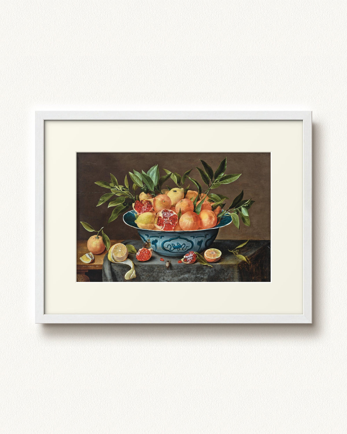 Pomegranates, Oranges, and Lemons in a Porcelain Bowl — 24 x 18, Modern - White frame, with off-white mat