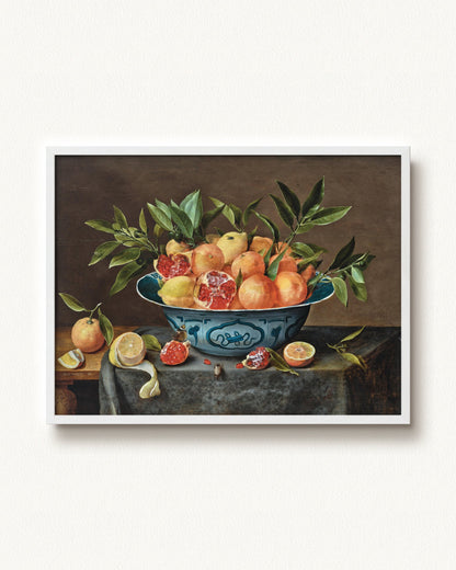 Pomegranates, Oranges, and Lemons in a Porcelain Bowl — 32 x 24, Modern - White frame