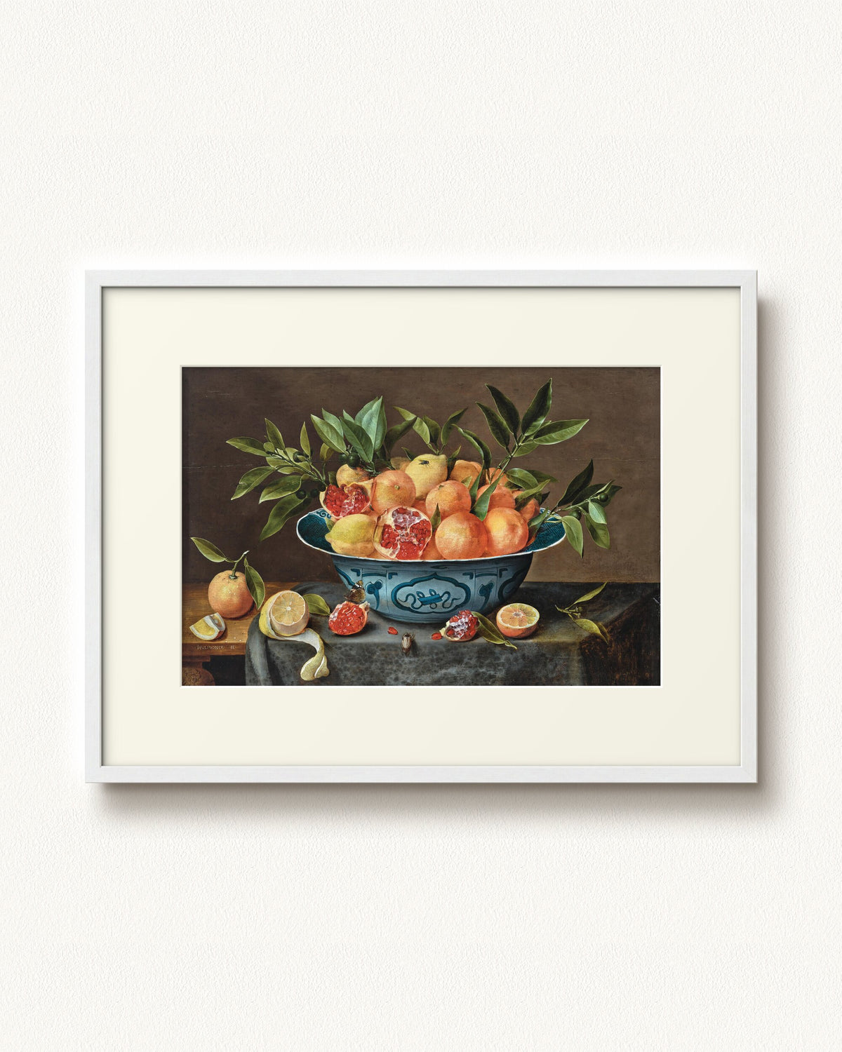 Pomegranates, Oranges, and Lemons in a Porcelain Bowl — 32 x 24, Modern - White frame, with off-white mat
