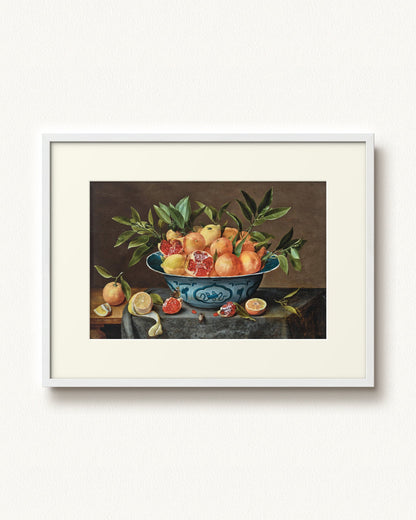 Pomegranates, Oranges, and Lemons in a Porcelain Bowl — 32 x 24, Modern - White frame, with off-white mat