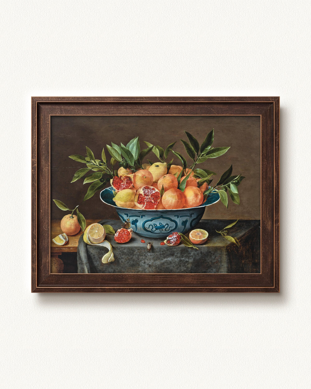 Pomegranates, Oranges, and Lemons in a Porcelain Bowl — 12 x 9, Slimwoods Black Gold frame