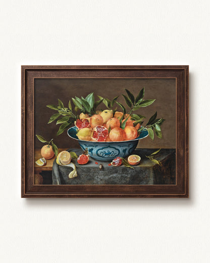 Pomegranates, Oranges, and Lemons in a Porcelain Bowl — 12 x 9, Slimwoods Black Gold frame
