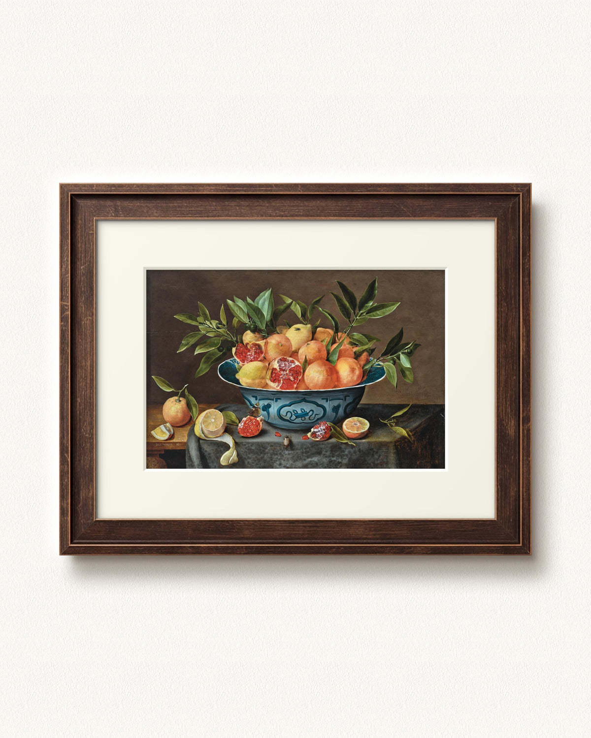 Pomegranates, Oranges, and Lemons in a Porcelain Bowl — 12 x 9, Slimwoods Black Gold frame, with off-white mat
