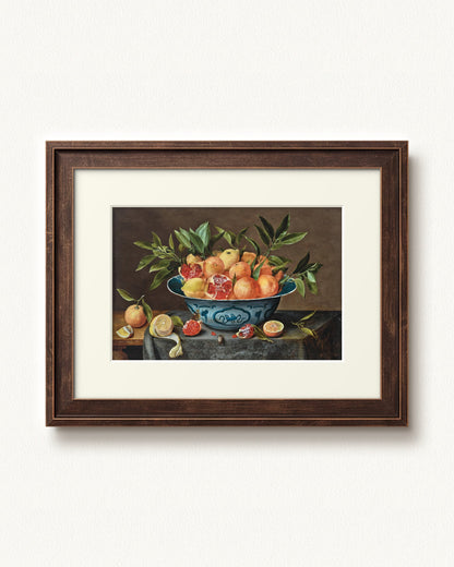 Pomegranates, Oranges, and Lemons in a Porcelain Bowl — 12 x 9, Slimwoods Black Gold frame, with off-white mat