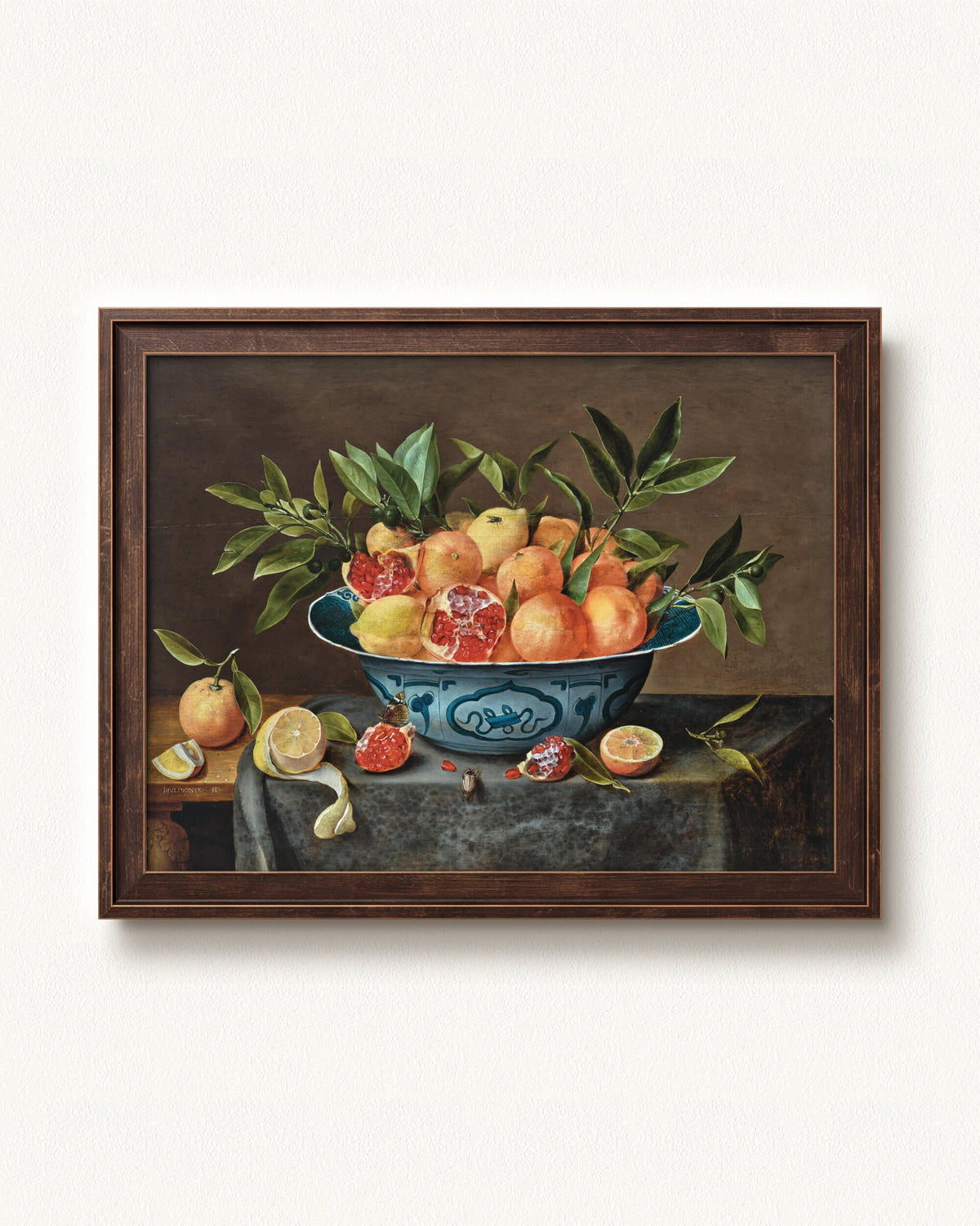 Pomegranates, Oranges, and Lemons in a Porcelain Bowl — 16 x 12, Slimwoods Black Gold frame