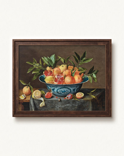 Pomegranates, Oranges, and Lemons in a Porcelain Bowl — 16 x 12, Slimwoods Black Gold frame