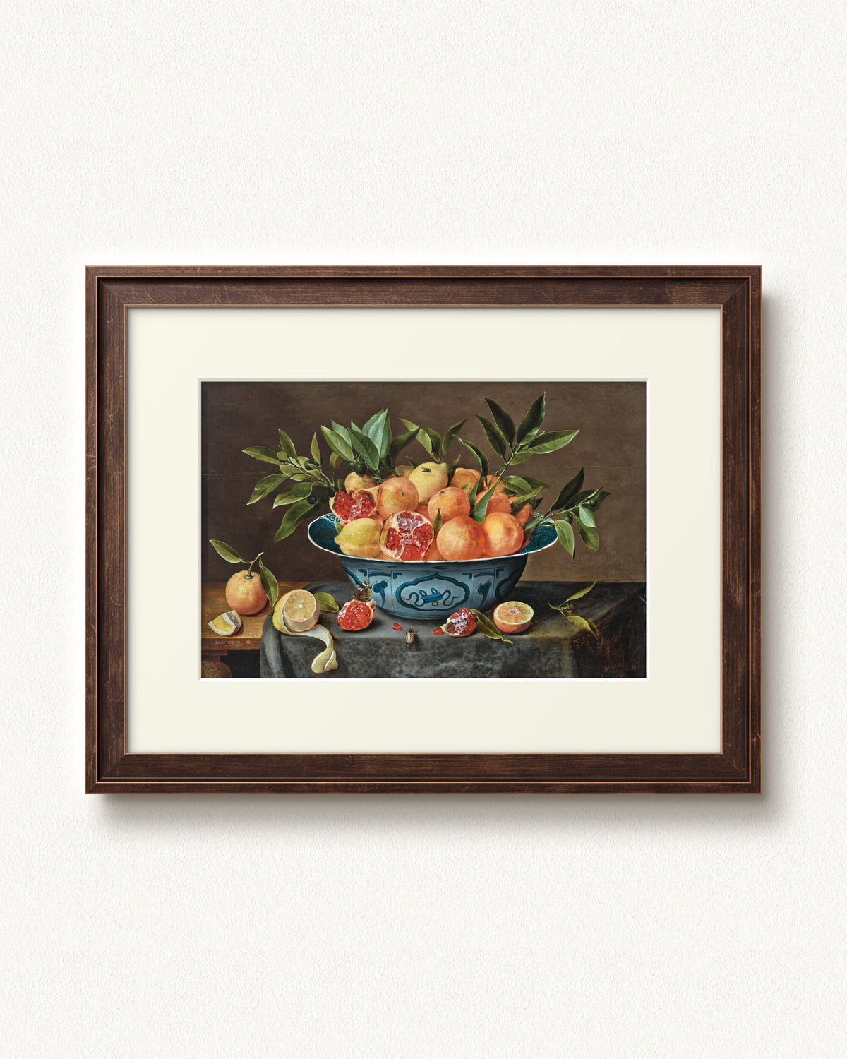Pomegranates, Oranges, and Lemons in a Porcelain Bowl — 16 x 12, Slimwoods Black Gold frame, with off-white mat