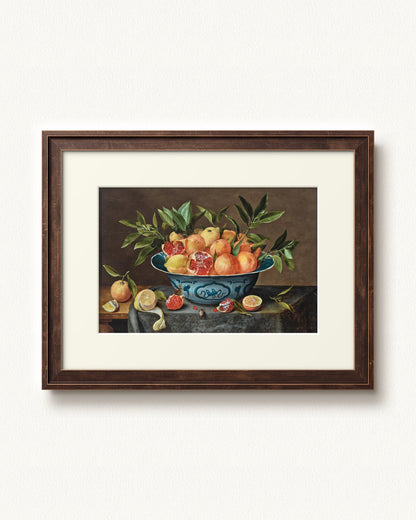 Pomegranates, Oranges, and Lemons in a Porcelain Bowl — 16 x 12, Slimwoods Black Gold frame, with off-white mat