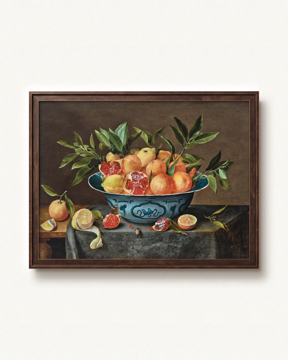 Pomegranates, Oranges, and Lemons in a Porcelain Bowl — 24 x 18, Slimwoods Black Gold frame