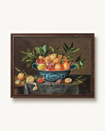 Pomegranates, Oranges, and Lemons in a Porcelain Bowl — 24 x 18, Slimwoods Black Gold frame
