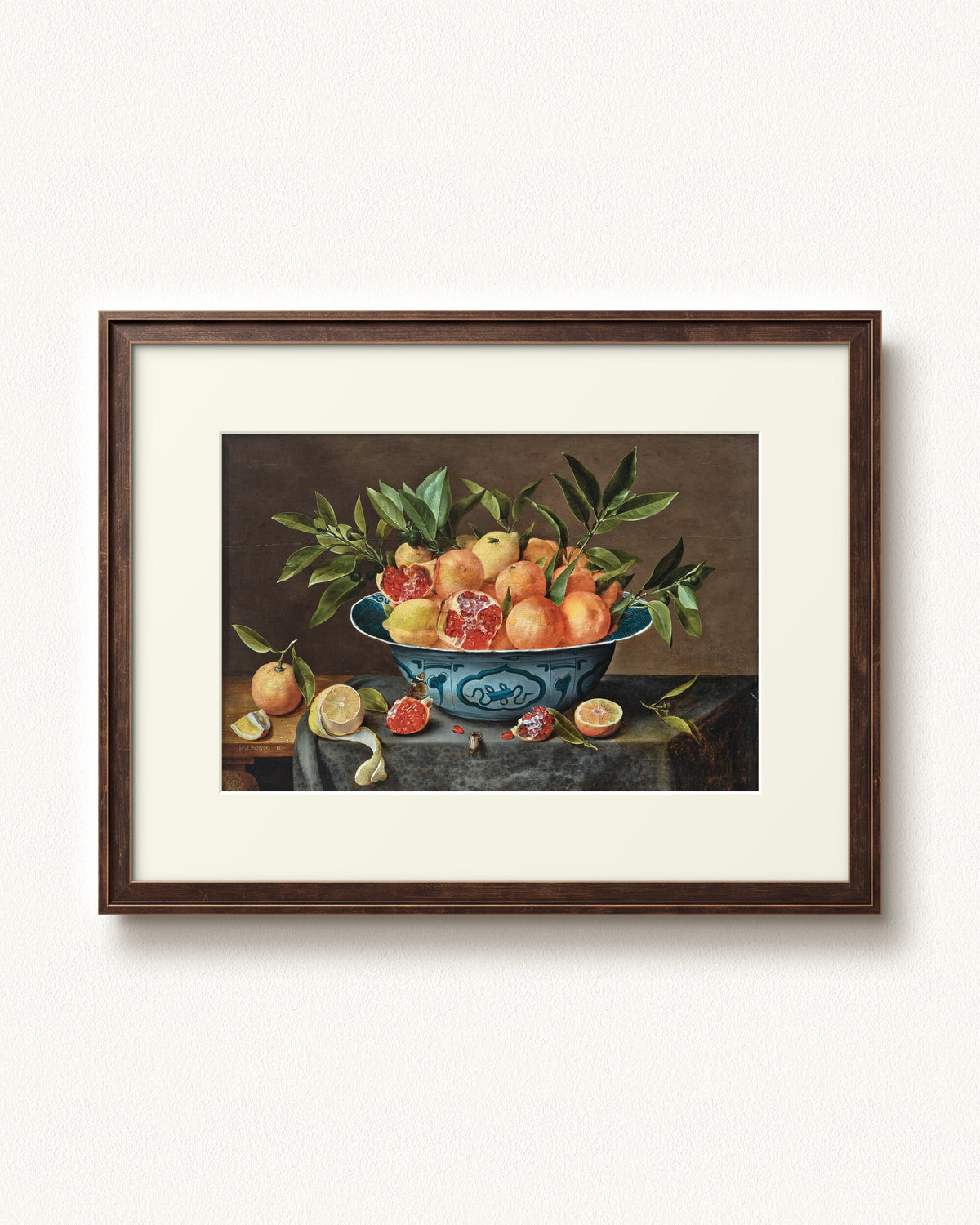 Pomegranates, Oranges, and Lemons in a Porcelain Bowl — 24 x 18, Slimwoods Black Gold frame, with off-white mat