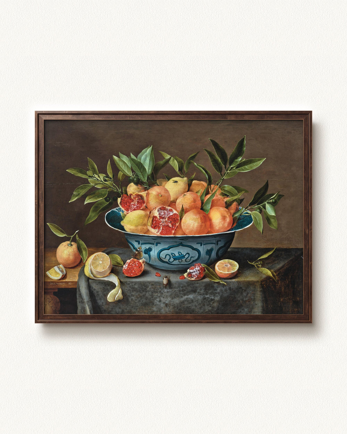 Pomegranates, Oranges, and Lemons in a Porcelain Bowl — 32 x 24, Slimwoods Black Gold frame