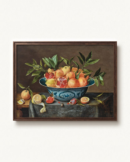 Pomegranates, Oranges, and Lemons in a Porcelain Bowl — 32 x 24, Slimwoods Black Gold frame